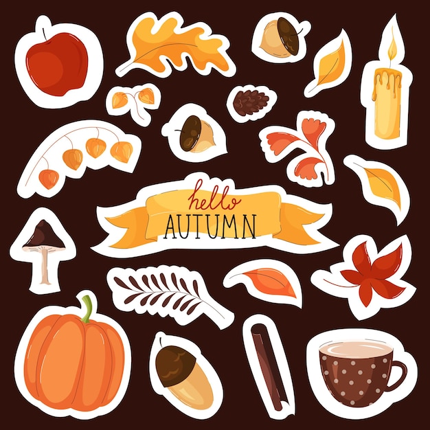Éléments d'automne et autocollants avec des motifs de lettrage, de feuilles et de badges dans un style plat