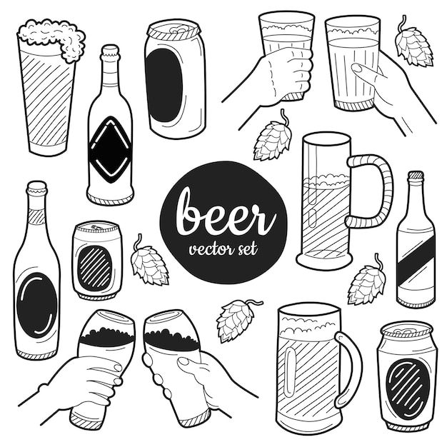 Éléments De Bière Dessinés à La Main. Ensemble Pour La Décoration De Menu, Les Sites Web, Les Bannières, Les Présentations, Les Arrière-plans Et Les Affiches. Illustration Vectorielle.