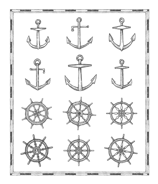 Éléments De Carte Antiques, Ancre De Voile Et Croquis De Barre