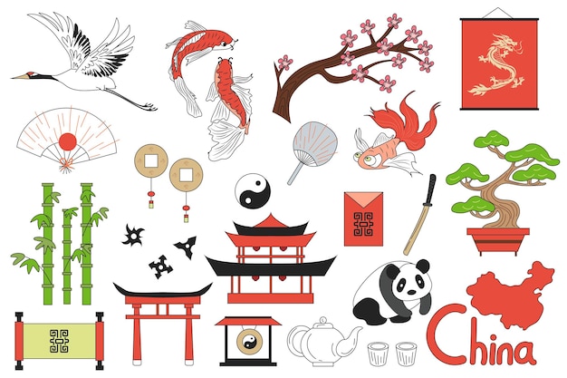 Éléments de Chine méga ensemble dans un design plat graphique Bundle éléments de grue koi poisson sakura dragon fans carpe yin yang bonsaï arbre bambou katana et autres autocollants isolés d'illustration vectorielle
