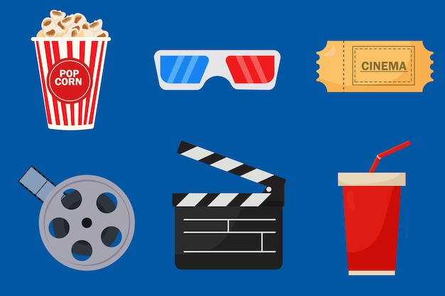 Éléments de cinéma de dessin animé. Pop-corn de cinéma, cinéma de tournage