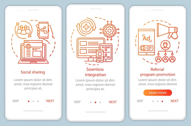 Éléments Clés Du Programme De Parrainage écran De La Page De L'application Mobile D'intégration Avec Des Concepts Linéaires Instructions Graphiques En Trois étapes Pas à Pas Attraction Du Client Ux Ui Gui Modèle Vectoriel Avec Illustrations