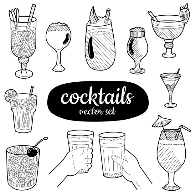 Éléments De Cocktails Dessinés à La Main. Ensemble Pour La Décoration De Menu, Les Sites Web, Les Bannières, Les Présentations, Les Arrière-plans, Les Affiches, Les Blogs Et Les Réseaux Sociaux. Illustration Vectorielle.