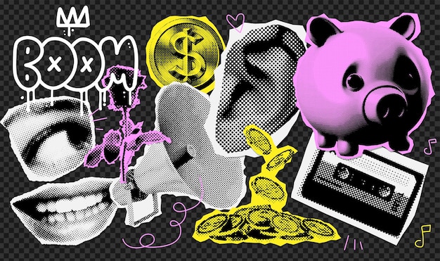 Vecteur elements de collage yk halftone mis en place pour la conception de médias mixtes haut-parleur de banque de cochons cassette de pièces d'or