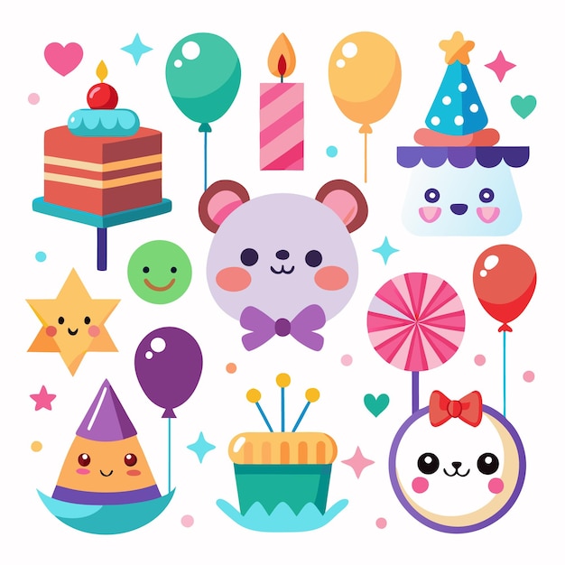 Des éléments colorés de la fête d'anniversaire avec des visages mignons