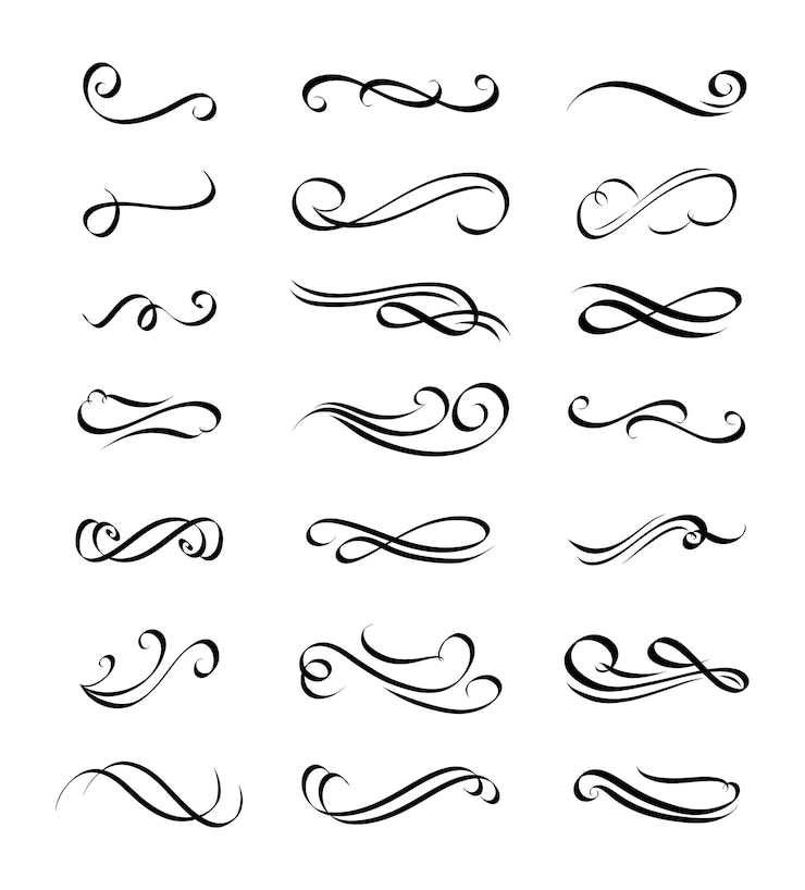 Vecteur éléments de conception calligraphique noir et blanc divise les frontières et les tourbillons