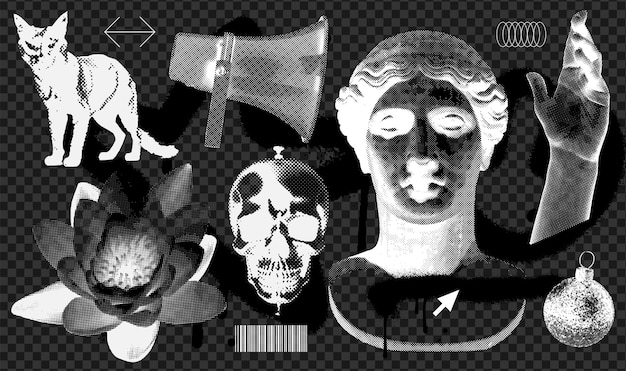 Vecteur des éléments de conception de collage négatif en demi-ton mis dans le style de photocopie grunge à la mode statue antique lily