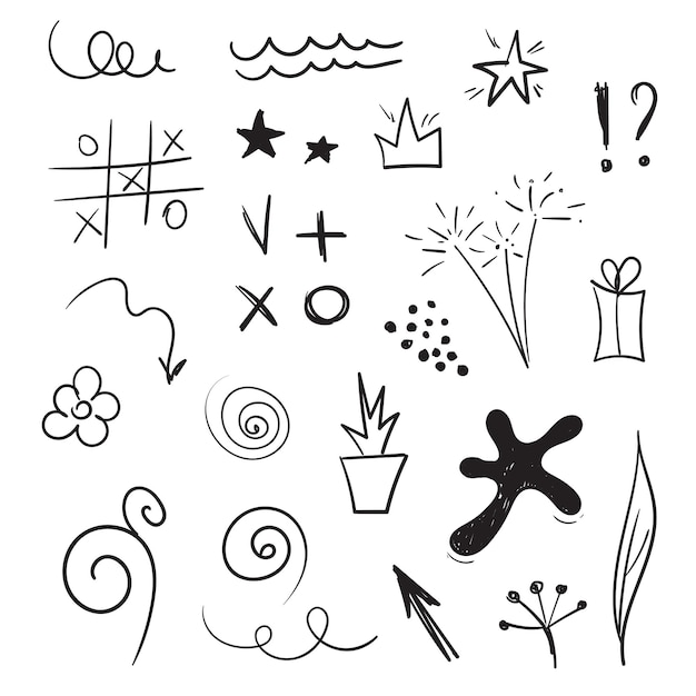 Éléments De Conception Doddle Ensemble Vectoriel De Croquis Dessinés à La Main Flèches étoiles Spirales Tic Tac Toe Cierges Magiques