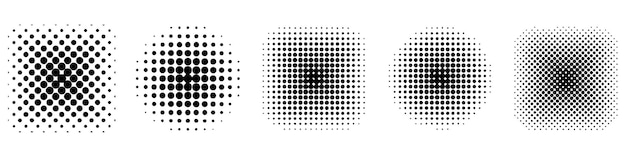 Éléments de conception d'effet de demi-teinte. Formes d'effets de demi-teintes noires. Ensemble de cercles en pointillés. Illustration vectorielle.