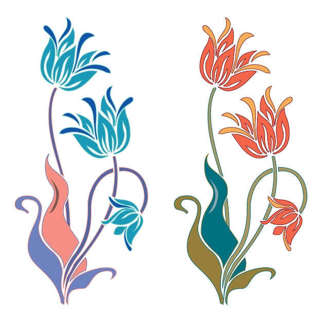 Éléments décoratifs d'art calligraphique floral rétro vintage croquis colorés sertie de vecteur isolé de fleurs