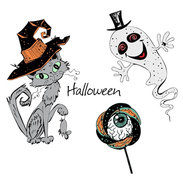 Vecteur Éléments décoratifs pour halloween un chat dans un chapeau de sorcière avec un fantôme une sucette avec un oeil d'horreur