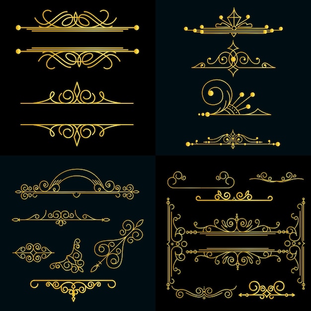 Éléments de design calligraphique doré et blanc de luxe sur fond de vecteur noir