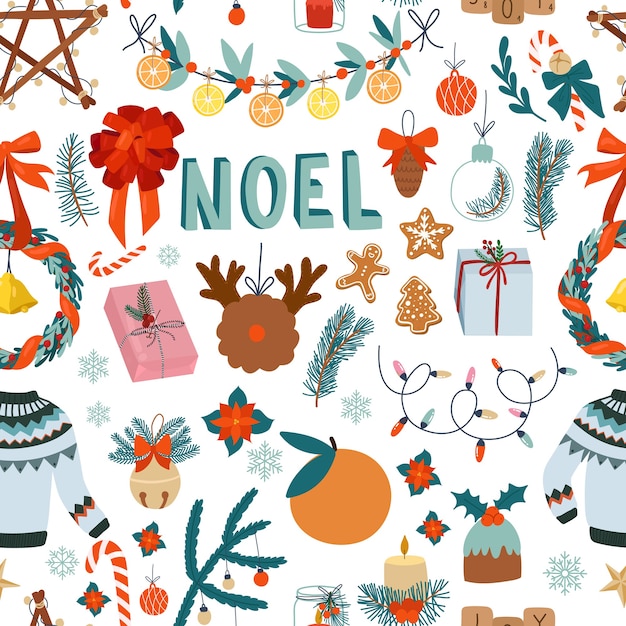 Éléments De Design Mignon Modèle Sans Couture De Noël Sur Fond Blanc. Pull De Dessin Animé Jouets Bonbons Décoratifs De Noël Et Cadeaux Style Scandinave Dessinés à La Main.