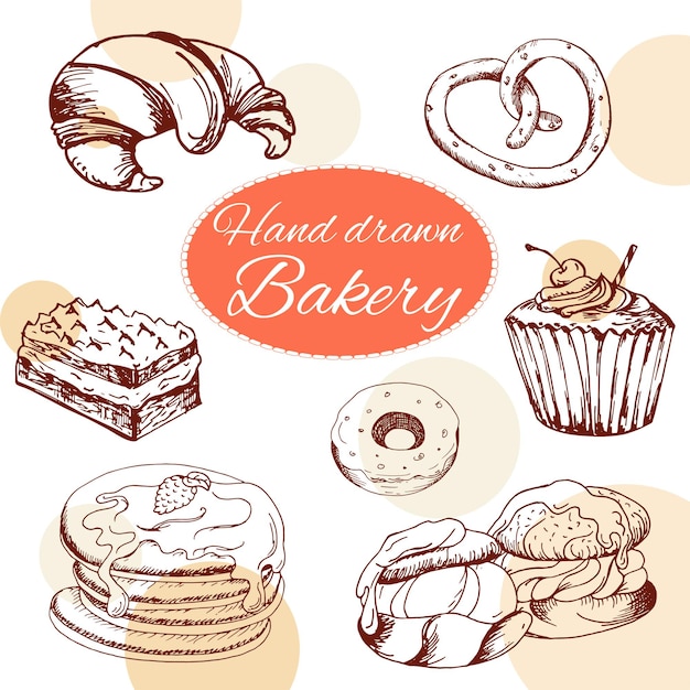 Vecteur Éléments de desserts vectoriels dans un style dessiné à la main. nourriture délicieuse. illustration artistique. pâtisserie sucrée pour votre conception dans le menu du café, affiches, brochures