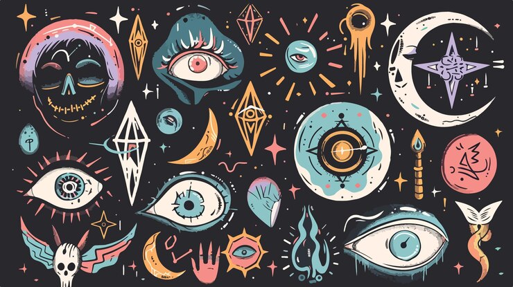 Vecteur éléments de dessins animés ésotériques pour l'astrologie spirituelle et mystique