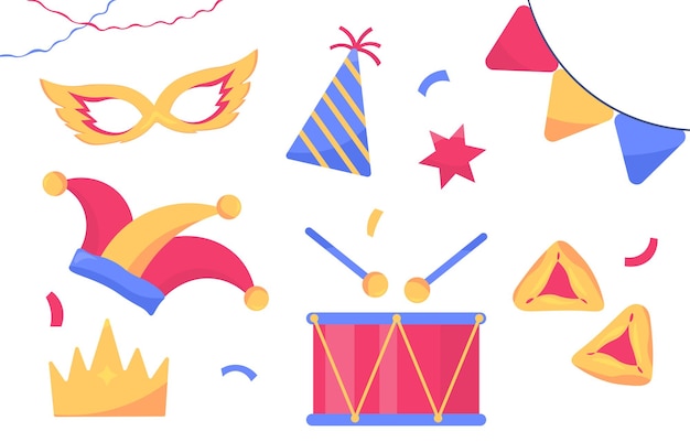 Éléments du masque de purim pour le tambour de mascarade avec des bâtons et un cône coloré avec des confettis et