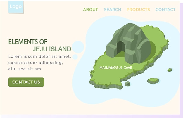 Éléments Du Modèle De Page De Destination De L'île De Jeju Voyager En Asie Par La Grotte Emblématique De Manjanggul Stone Mountain En Style Dessin Animé, Attraction Principale De L'île Verte En Corée Du Sud, Divertissement Touristique