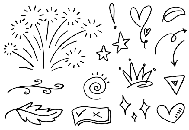 Éléments d'ensemble dessinés à la main flèches abstraites rubans cœurs étoiles couronnes et autres éléments dans un style dessiné à la main pour les concepts illustration scribble illustration vectorielle