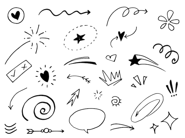 Éléments d'ensemble dessinés à la main flèches abstraites rubans cœurs étoiles couronnes et autres éléments dans un style dessiné à la main pour les concepts illustration scribble illustration vectorielle