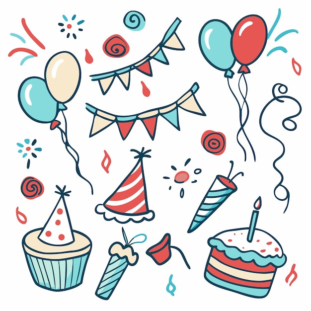 Éléments de fête d'anniversaire dessinés à la main, y compris des ballons, des chapeaux de gâteau et des confettis