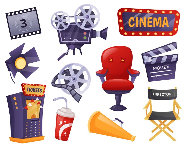 Vecteur éléments de films de dessins animés, divertissement cinématographique, industrie cinématographique. clap, caméra vidéo rétro, chaise de réalisateur, ensemble de vecteurs d'équipement de tournage