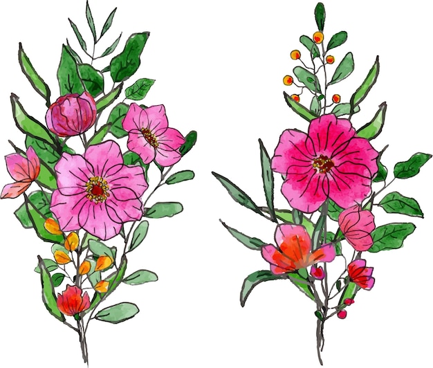 Éléments Floraux Dessinés à La Main Et Collection De Bouquets Aquarelle Et Doublure