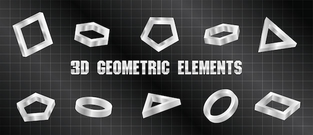 éléments géométriques chromés cool vecteur d'illustration 3d sur fond de grille noire