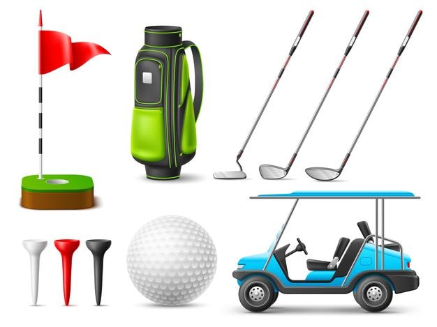 Vecteur Éléments de golf réalistes accessoires de jeux sportifs récréatifs équipement professionnel objets 3d isolés clubs de balle et machine drapeau sur herbe verte et sac niblick set vectoriel