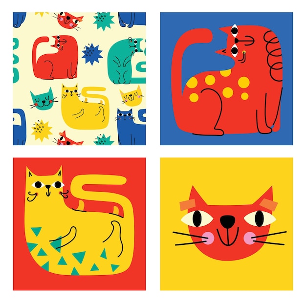 Éléments graphiques abstraits définis dans un style minimal à la mode Des chats dessinés à la main