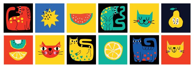 Éléments graphiques abstraits définis dans un style minimal à la mode Gâteaux dessinés à la main, taches, gouttes, courbes, lignes pour créer des motifs, invitations, affiches, cartes, messages sur les médias sociaux