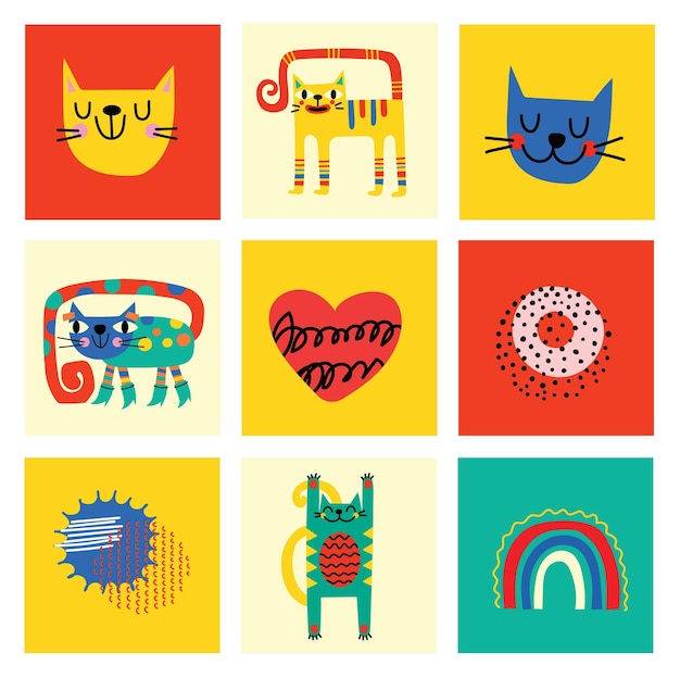 Éléments graphiques abstraits définis dans un style minimal à la mode, griffons dessinés à la main, chats, taches.