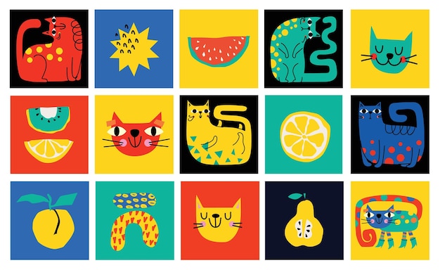 Éléments graphiques abstraits mis dans un style minimal à la mode Doodle dessiné à la main chats taches gouttes