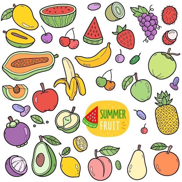 Éléments Graphiques Vectoriels Colorés De Fruits D'été Et Illustrations De Griffonnage