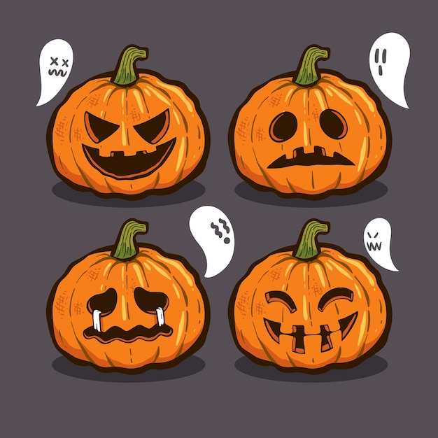 Vecteur Éléments d'halloween dessinés à la main, personnages, variantes d'émotion de jackolantern