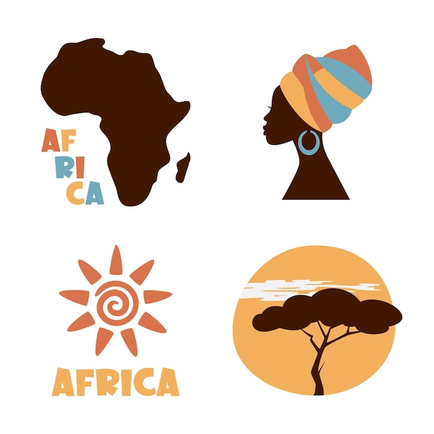 Éléments Et Icônes De L'afrique Et De Safari Modèle Vectoriel De Conception De Logo De L'afrique Carte De L'afrique Peintures De Safari De Voyage