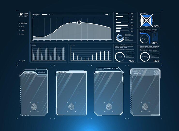 éléments d'interface. Écran de cadre HUD abstrait futuriste, bouton, chargement, texte isolé sur ba noir