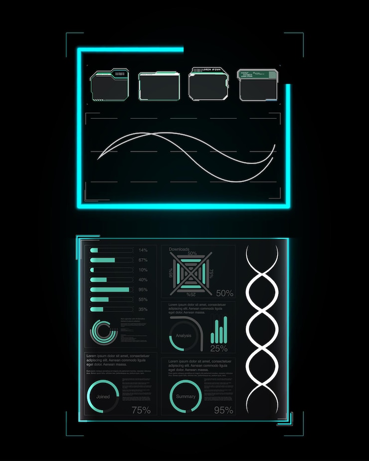 Vecteur éléments d'interface. écran de cadre hud abstrait futuriste, bouton, chargement, texte isolé sur ba noir