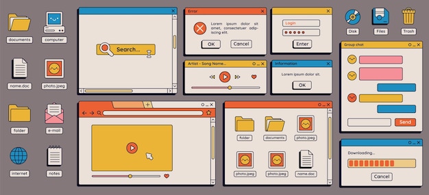 Éléments d'interface utilisateur de bureau anciens vaporwave rétro des années 90 Ordinateur nostalgique mignon ui icônes esthétiques vintage et vecteur de fenêtres ensemble interface des années 90 illustration d'ordinateur de fenêtre rétro numérique