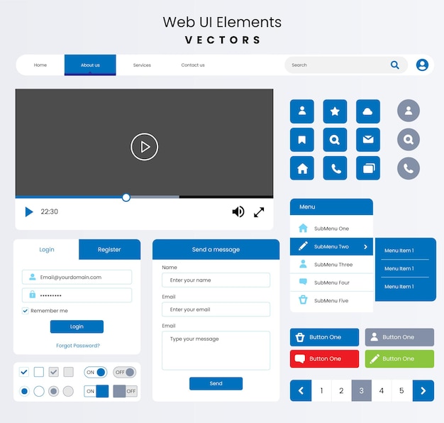 Vecteur Éléments d'interface utilisateur de conception web. éléments de conception ui ux pour le web et l'application. formulaires de conception à plat.