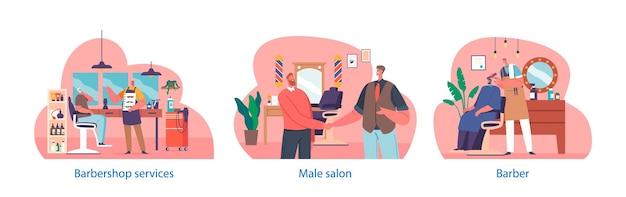 Vecteur des éléments isolés avec des personnages de barbier effectuent des services de toilettage au salon de coiffure proposent des coupes de cheveux, assurant au client de se sentir rafraîchi et de regarder la meilleure illustration vectorielle de personnes de dessin animé