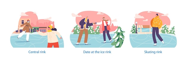 Éléments Isolés Avec Des Personnages Patinent En Douceur Sur La Patinoire Du Centre-ville Se Déplaçant Avec équilibre Et Joie, Ils Virevoltent Et Glissent Créant Une Scène Animée De Plaisirs D'hiver Dessin Animé Personnes Illustration Vectorielle