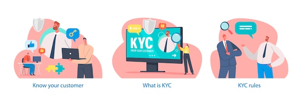 Vecteur des éléments isolés sur le thème de kyc avec des personnages effectuent connaître votre processus client mis en œuvre par les entreprises