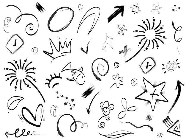 Éléments de jeu dessinés à la main Flèches abstraites rubans coeurs étoiles couronnes et autres éléments dans un style dessiné à la main pour les conceptions conceptuelles Illustration de griffonnage Illustration vectorielle