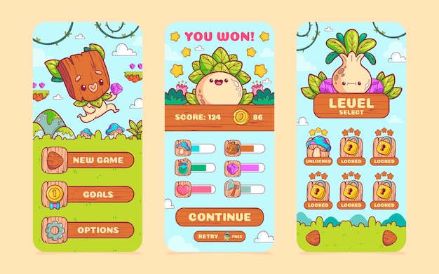 Les éléments De Jeu De Dessins Animés Plats Conception D'application