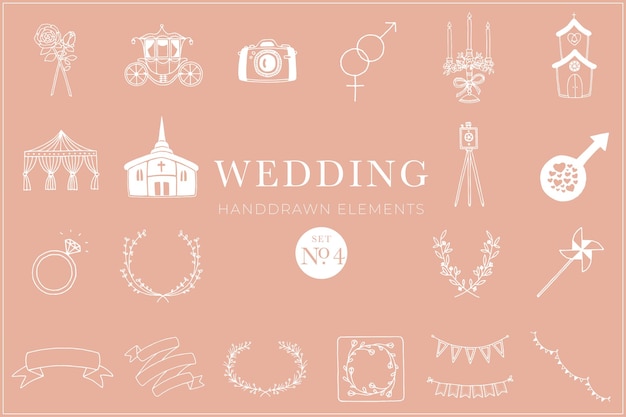 Vecteur Éléments de mariage dessinés à la main set d'illustrations de mariage collection de salutations à la mariée et au marié