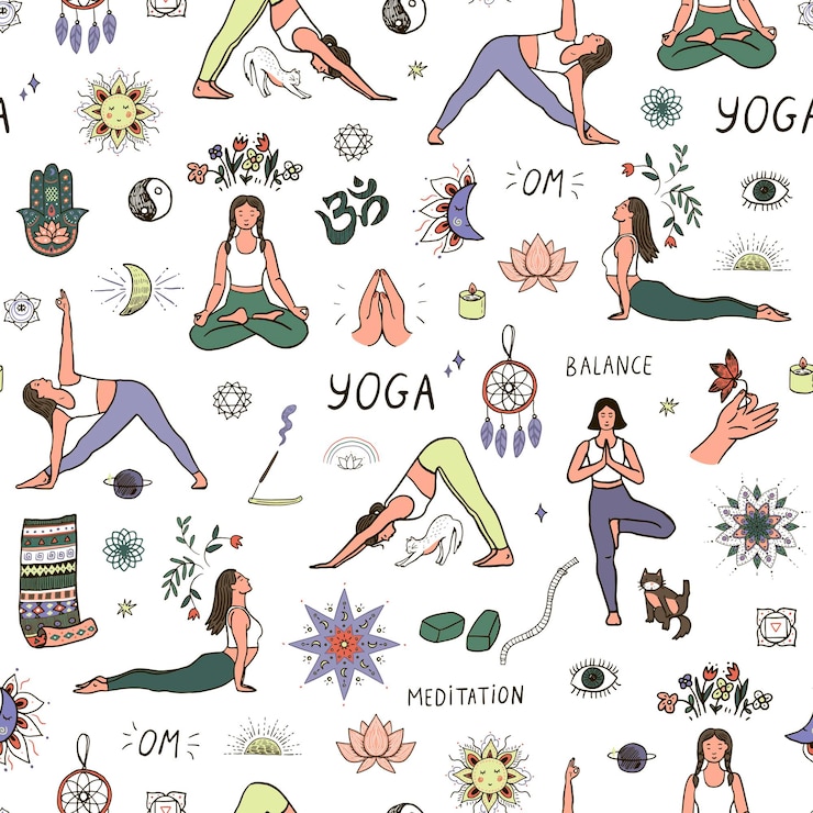Vecteur les éléments de méditation du yoga sont des motifs sans couture vectoriels.