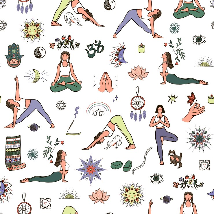 Vecteur les éléments de méditation du yoga sont des motifs sans couture vectoriels.
