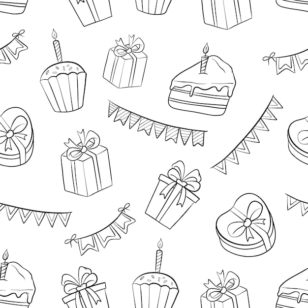 Éléments De Modèle Sans Couture D'anniversaire Noir Et Blanc Avec Doodle Ou Style Dessiné à La Main