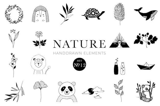 Vecteur Éléments de la nature dessinés à la main illustrations de doodle animaux dessins botaniques et floraux illustrations