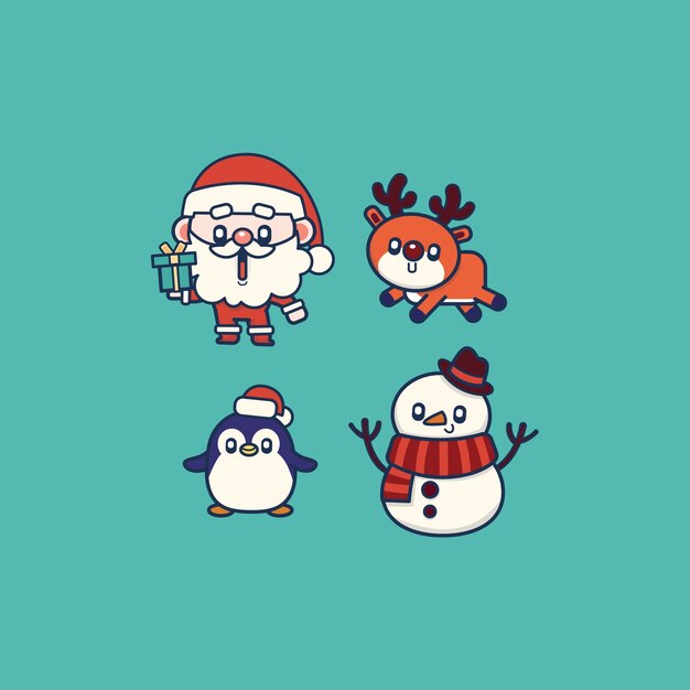 Éléments De Noël Mignons Père Noël, Pingouin, Cerf Et Bonhomme De Neige